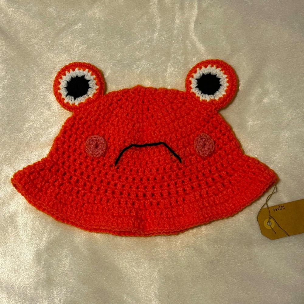 Handmade crochet orange froggy bucket hat